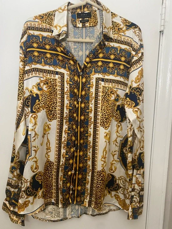 Zara Satin Print Button-Up Shirt – Baroque Pattern Long Sleeve - Picture 5 of 11